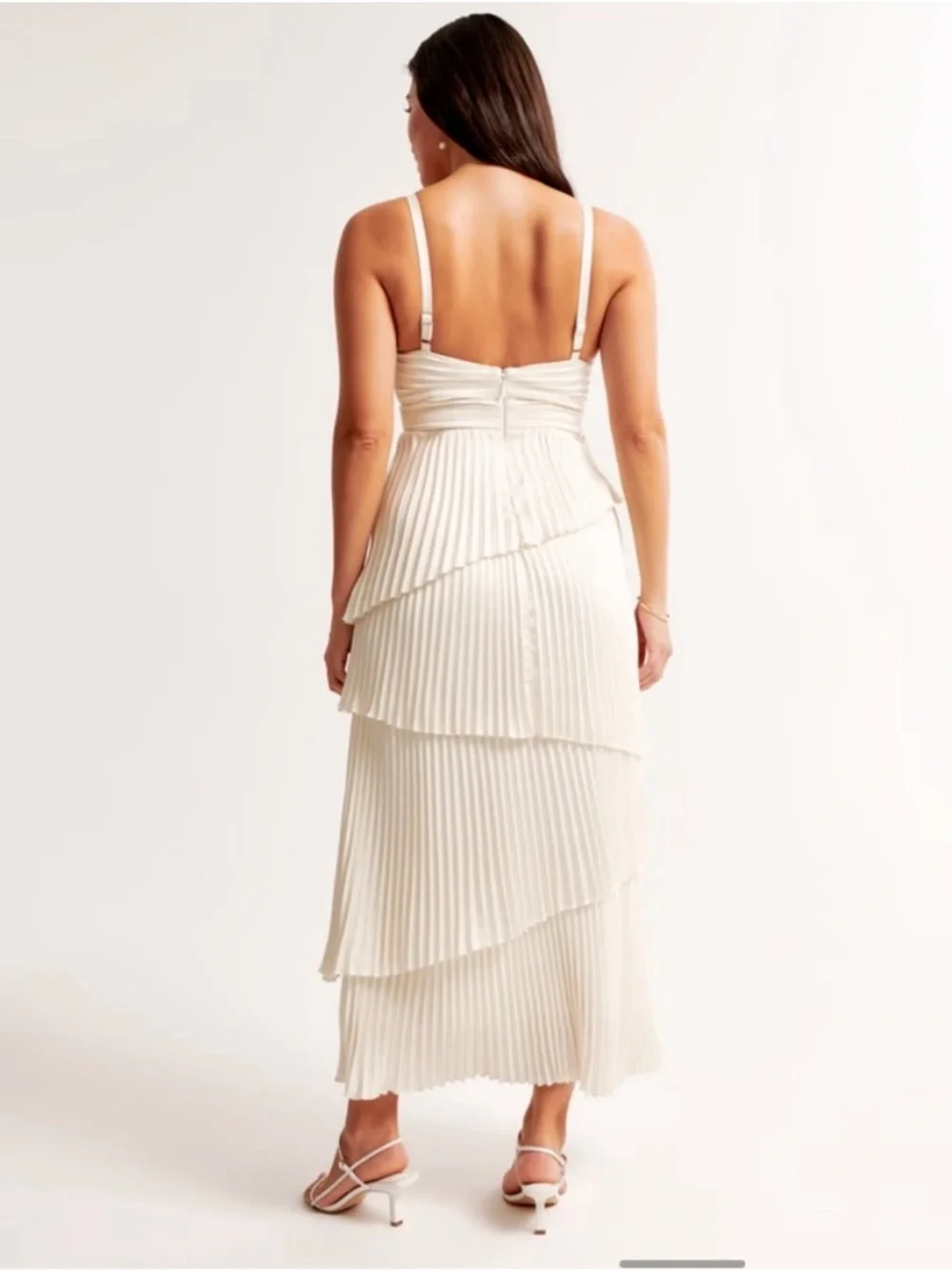 Abercrombie & Fitch Giselle Cream Pleated Tiered Maxi Dress Asymmetric Layers M